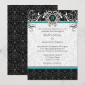 A7 Turquoise Black Damask Monogram Wedding Invite Kaart (Voorkant / Achterkant)