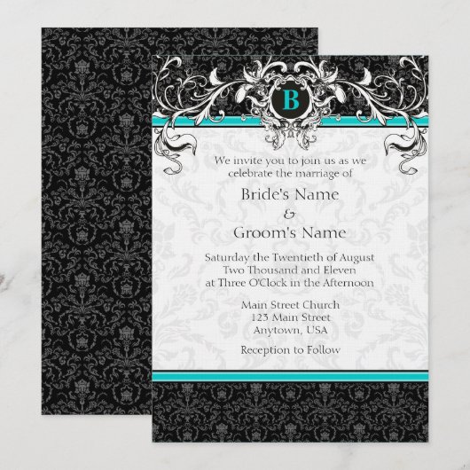 A7 Turquoise Black Damask Monogram Wedding Invite Kaart (Voorkant / Achterkant)