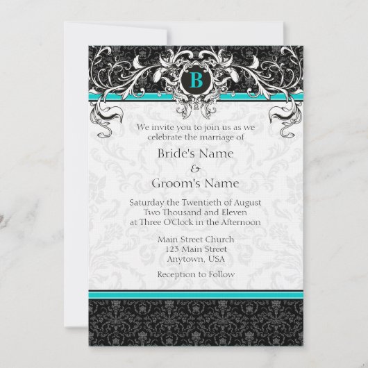 A7 Turquoise Black Damask Monogram Wedding Invite Kaart (Voorkant)