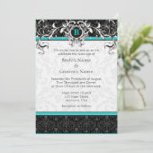 A7 Turquoise Black Damask Monogram Wedding Invite Kaart (Staand voorkant)