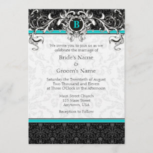 A7 Turquoise Black Damask Monogram Wedding Invite Kaart