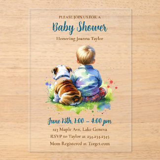 A Baby Boy and his English Bulldog | Baby Shower Acryl Uitnodigingen