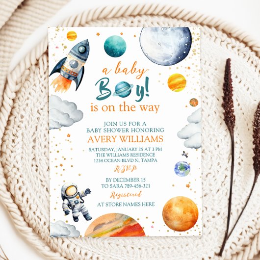 A Baby Boy Is On The Way Space Theme Baby Shower Kaart