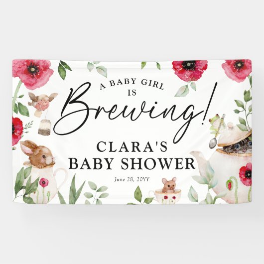 'A Baby is Brewing' Aftermiddagse thee-Baby shower Spandoek (Horizontaal)