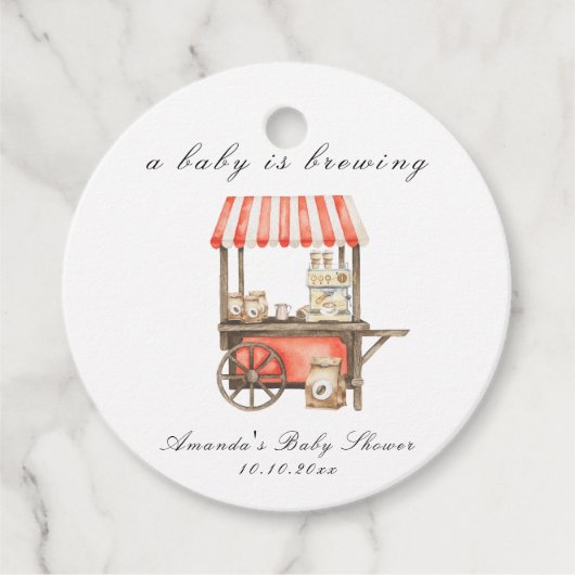 A Baby Is Brewing Coffee Cart Baby Shower Bedankjes Labels (Voorkant)