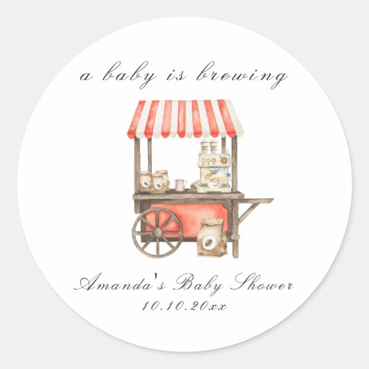 A Baby Is Brewing Coffee Cart Baby Shower Ronde Sticker (Voorkant)