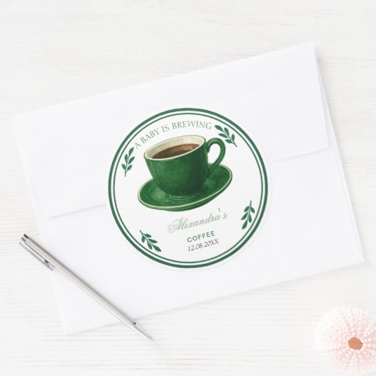 A Baby Is Brewing Coffee Cup Baby Shower Ronde Sticker (Envelop)