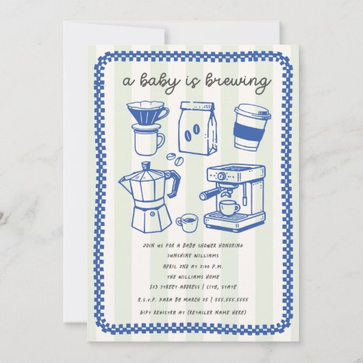 A Baby Is Brewing Doodle Boy Blue Baby Shower Kaart (Voorkant)