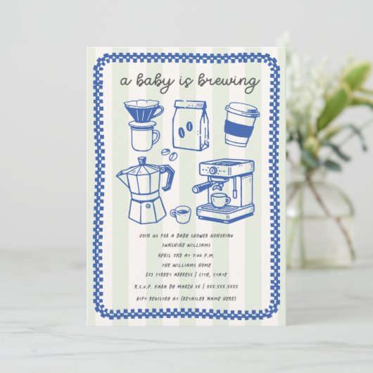 A Baby Is Brewing Doodle Boy Blue Baby Shower Kaart (Staand voorkant)
