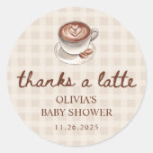 A Baby is Brewing Gingham Coffee Baby Shower Favor Ronde Sticker (Voorkant)