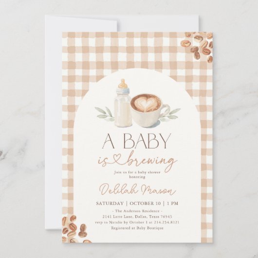 A Baby is Brewing Gingham Coffee Baby Shower Kaart (Voorkant)