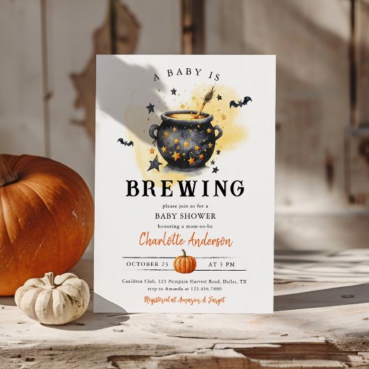 A Baby is Brewing Halloween Cauldron Baby Shower Kaart