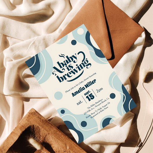 A Baby is Brewing Retro Blue Coffee Baby Shower Kaart