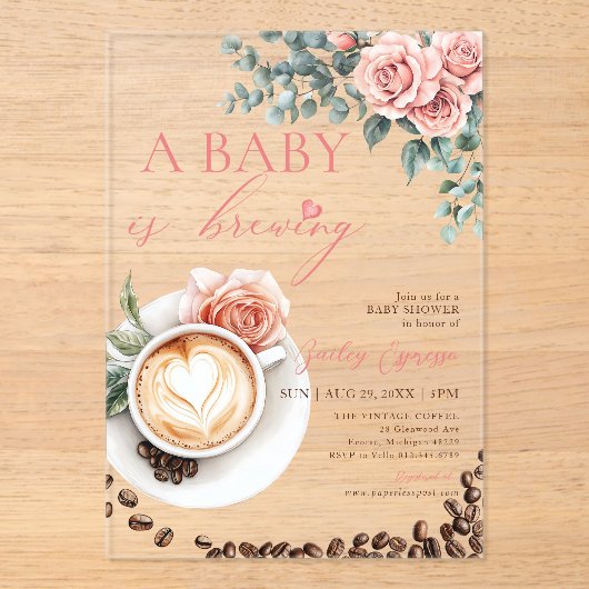 A Baby is Brewing Romantic Coffee Baby Shower Acryl Uitnodigingen (Voorkant)