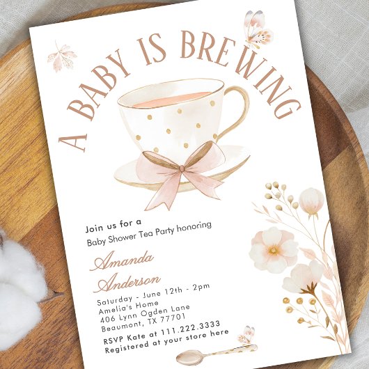 A Baby Is Brewing Tea Party Bow Baby Shower Pastel Kaart