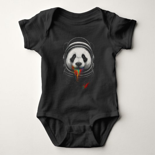 A black and white panda bear wearing a space suit romper (Voorkant)