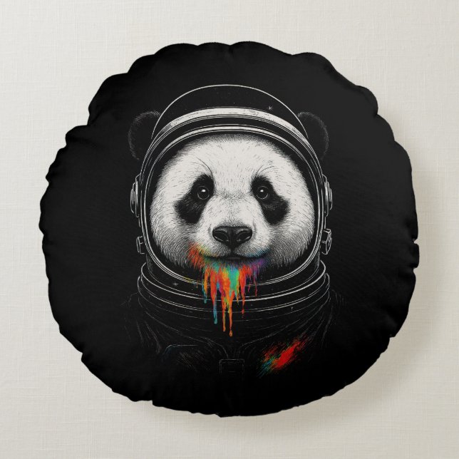 A black and white panda bear wearing a space suit rond kussen (Voorkant)