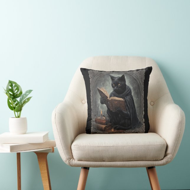 A Black Cat Wearing A Cloak Studying Halloween Kussen (Stoel)