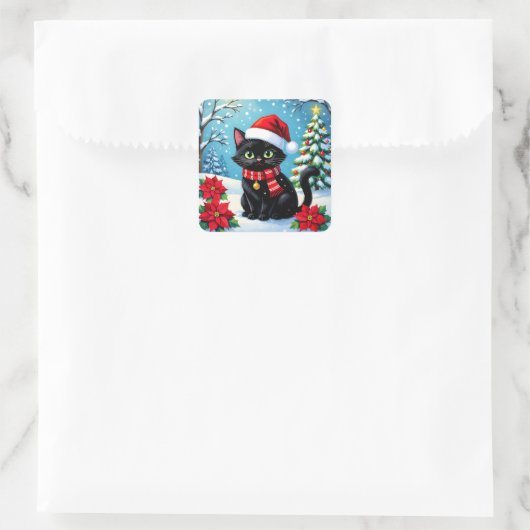 A Black Festive Cat with a Christmas Background Vierkante Sticker (Tas)