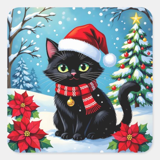 A Black Festive Cat with a Christmas Background Vierkante Sticker (Voorkant)