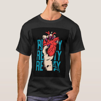A black t-shirt featuring a hand holding a heart w