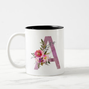 A, Bloemen aanvankelijk Monogram, waterverfbloem Tweekleurige Koffiemok