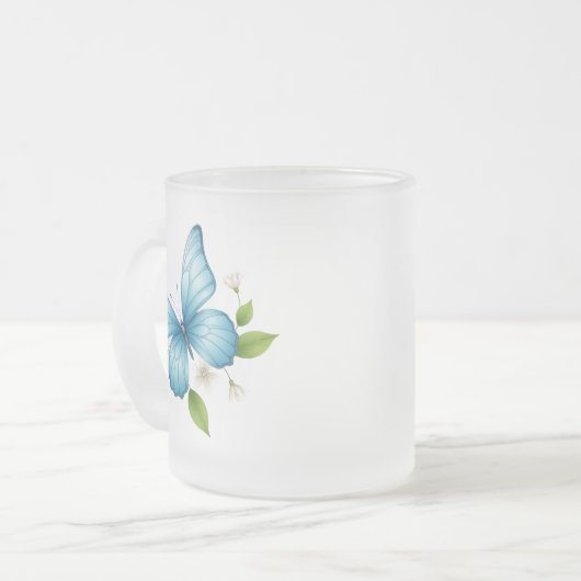 A Blue butterfly frosted glass Mug Matglas Koffiemok (Voorkant links)