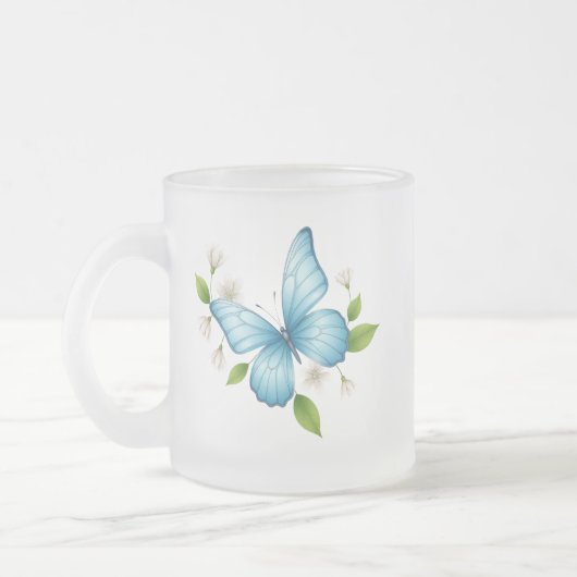 A Blue butterfly frosted glass Mug Matglas Koffiemok (Links)