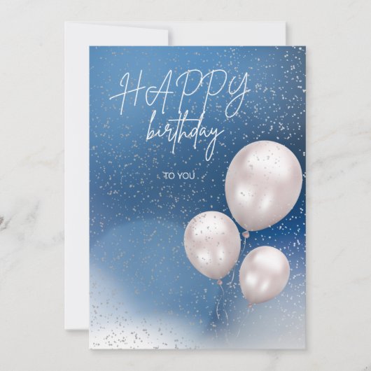 A blue elegant birthday card with white balloons feestdagenkaart (Voorkant)