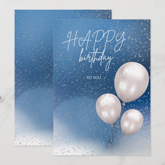A blue elegant birthday card with white balloons feestdagenkaart (Voorkant / Achterkant)