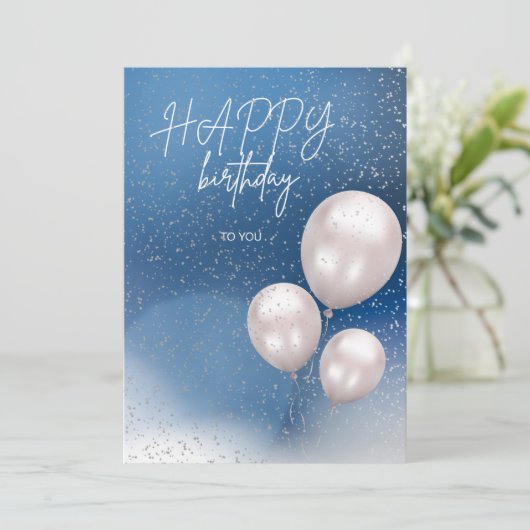 A blue elegant birthday card with white balloons feestdagenkaart (Staand voorkant)
