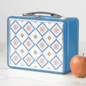 A blue metal lunchbox features a geometric tile  (In situ)