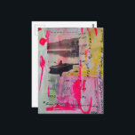 A Boat Mixed Media Collage Pink Yellow Briefkaart<br><div class="desc">A collage made and photographed by Angelandspot in the year 2026 with vintage images from a magazine of a person in a boat and various textbook pages with pink and yellow paint</div>