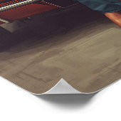 A bold retro pin-up illustration featuring a greas poster (Hoek)