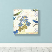 A Bouquet of Blue Flowers, Birds and Butterflies Canvas Afdruk (Insitu (Houten vloer))