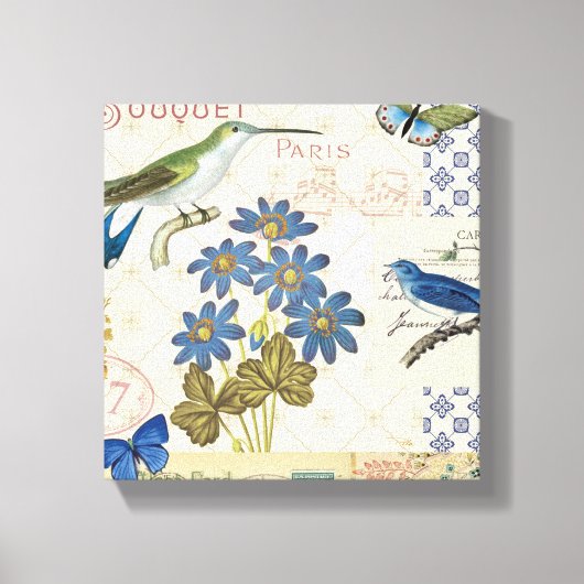 A Bouquet of Blue Flowers, Birds and Butterflies Canvas Afdruk (Voorkant)