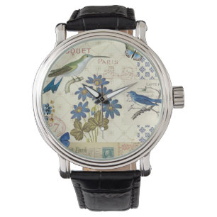 A Bouquet of Blue Flowers, Birds and Butterflies Horloge