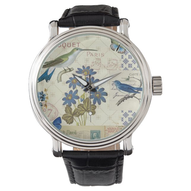 A Bouquet of Blue Flowers, Birds and Butterflies Horloge (Voorkant)