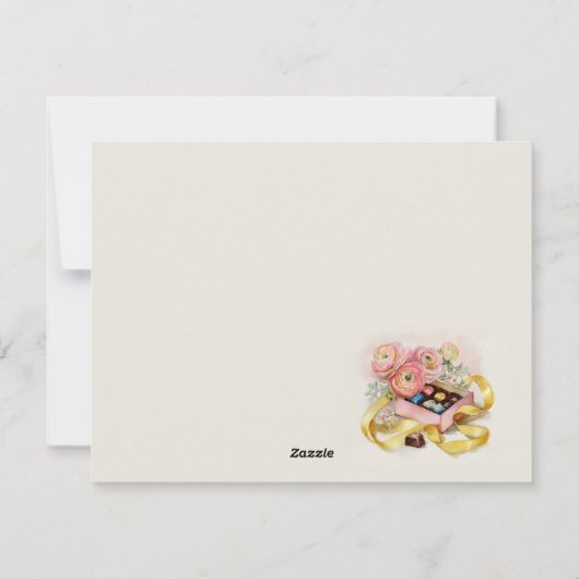 A box of assorted chocolates with pink flowers   feestdagenkaart (Achterkant)