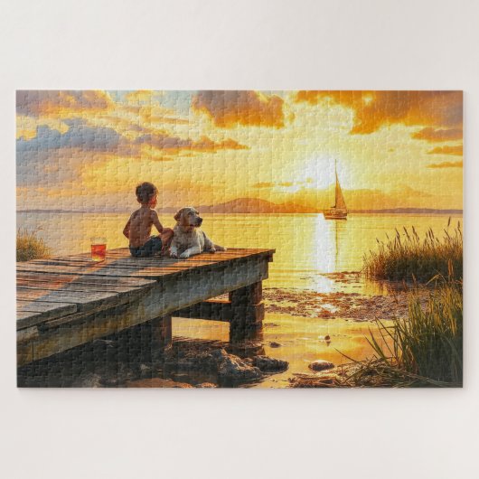 A boy and his dog at the lake at sunset legpuzzel (Horizontaal)