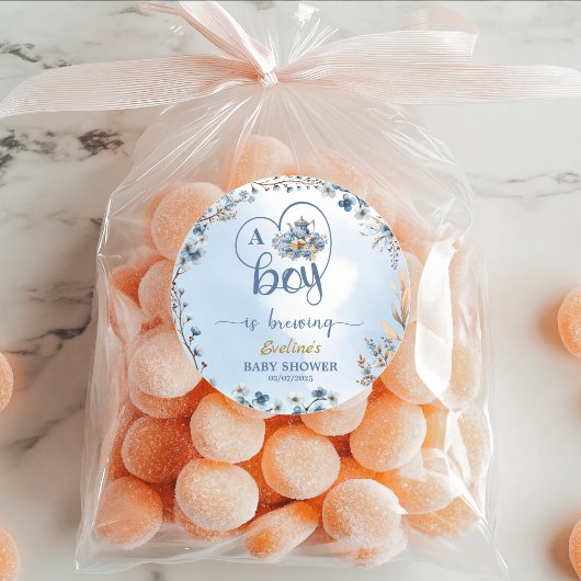 A Boy Is Brewing Tea Party Boy Baby shower Blauw Ronde Sticker