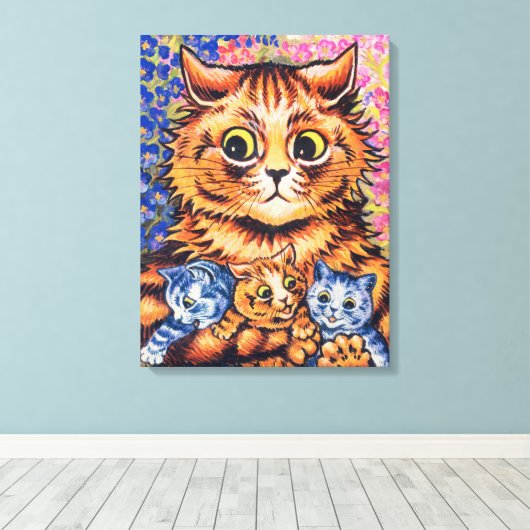 A Cat with her Kittens by Louis Wain Canvas Afdruk (Insitu (Houten vloer))