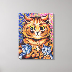 A Cat with her Kittens by Louis Wain Canvas Afdruk