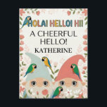 "A Cheerful Hello" Multilingual Gnome Greeting Briefkaart<br><div class="desc">A friendly and vibrant digital greeting card featuring two garden gnomes and colorful parrots. The top of the illustration displays multilingual greetings "HOLA! HELLO! HI!" in bold, playful lettering, followed by the phrase "A CHEERFUL HELLO!". The scene is framed by a floral border of pink roses and green leaves, creating...</div>