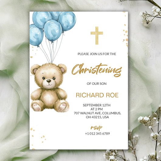 A christening Invitation features a teddy bear Kaart