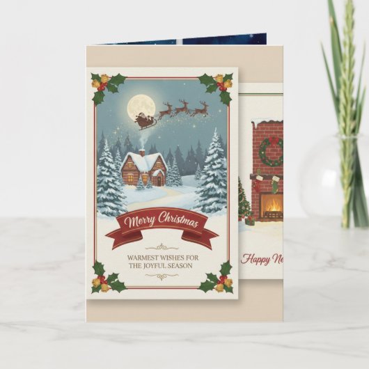 A Christmas card with snowy scenes, festive text,  Kaart (Voorkant)
