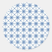 A circular sticker features a repeating blue (Voorkant)
