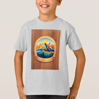 A circular t-shirt logo of serene mountain
