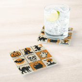 A coaster with various Halloween-themed images Glazen Onderzetter (Schuin)