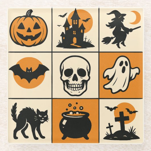 A coaster with various Halloween-themed images Glazen Onderzetter (Voorkant)